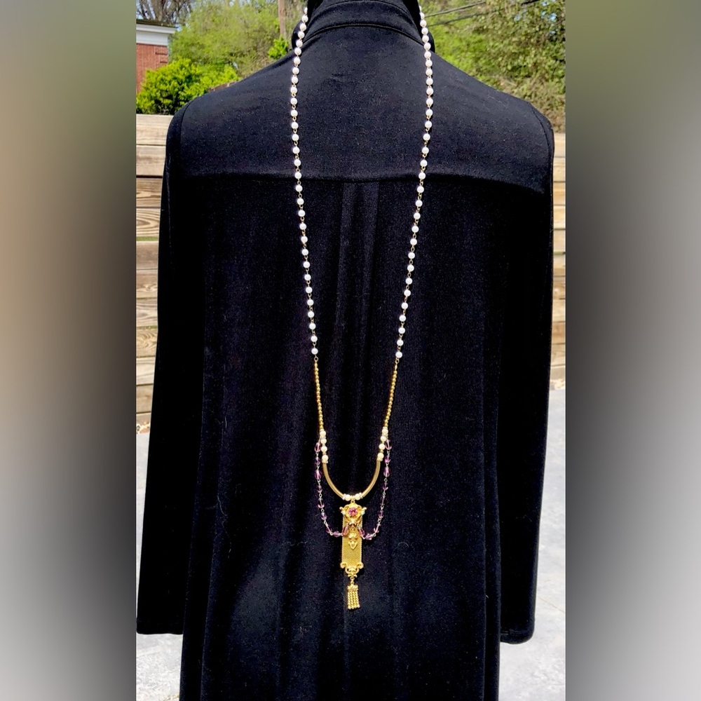 Handcrafted unique watch fob necklace Gold filled fob-amethyst, pearl turquoise - Picture 6 of 12